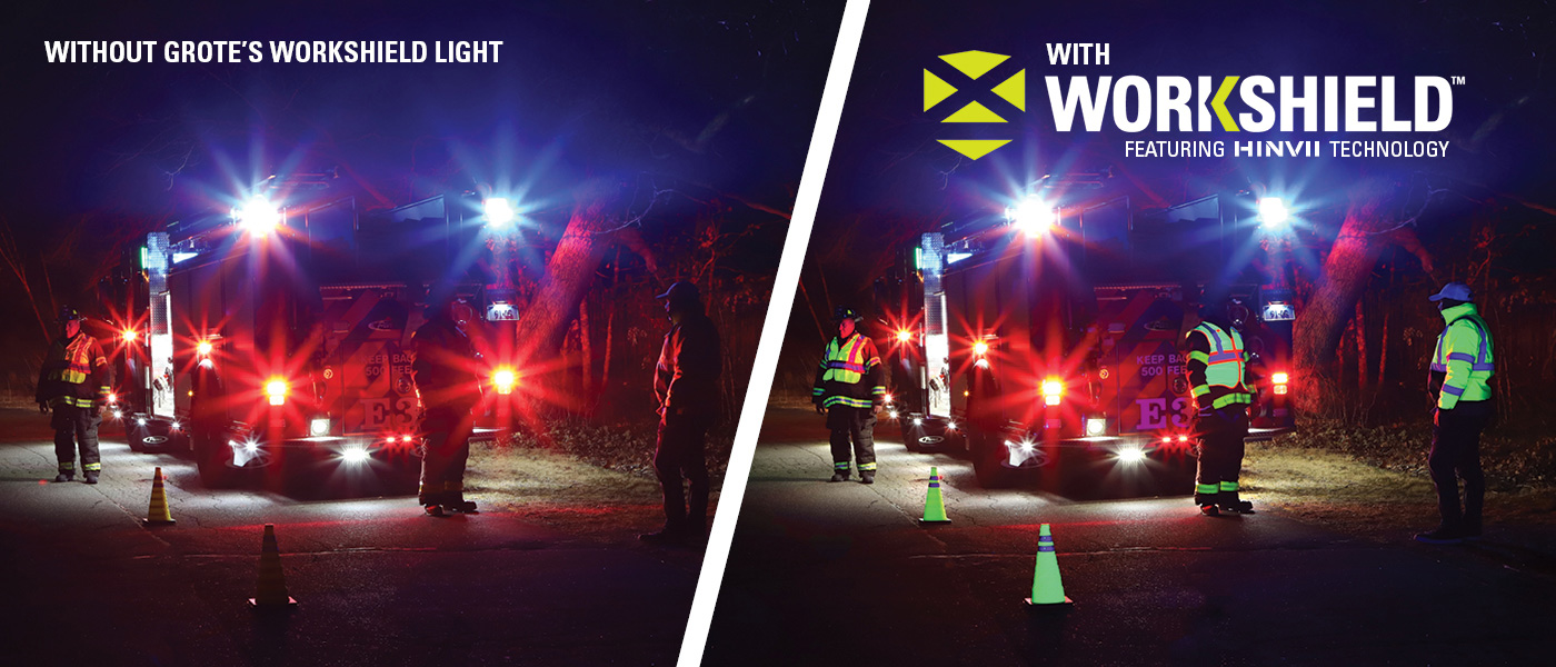 Road workers late at night with and without WorkShield high visibilty illumination